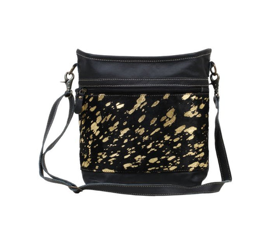 Black Cowhide Gold Accents Western Leather Cowhide Shoulder / Crossbody Bag