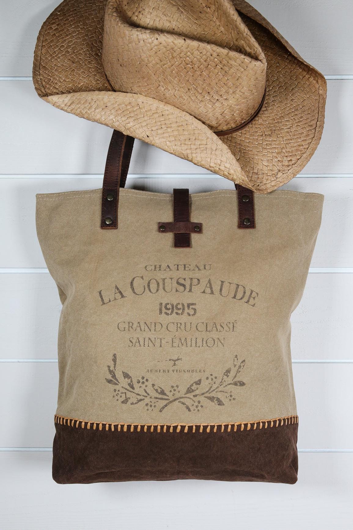 Upcycled Canvas Tote Bag with Brown Leather Shoulder Straps Vintage French Inspired