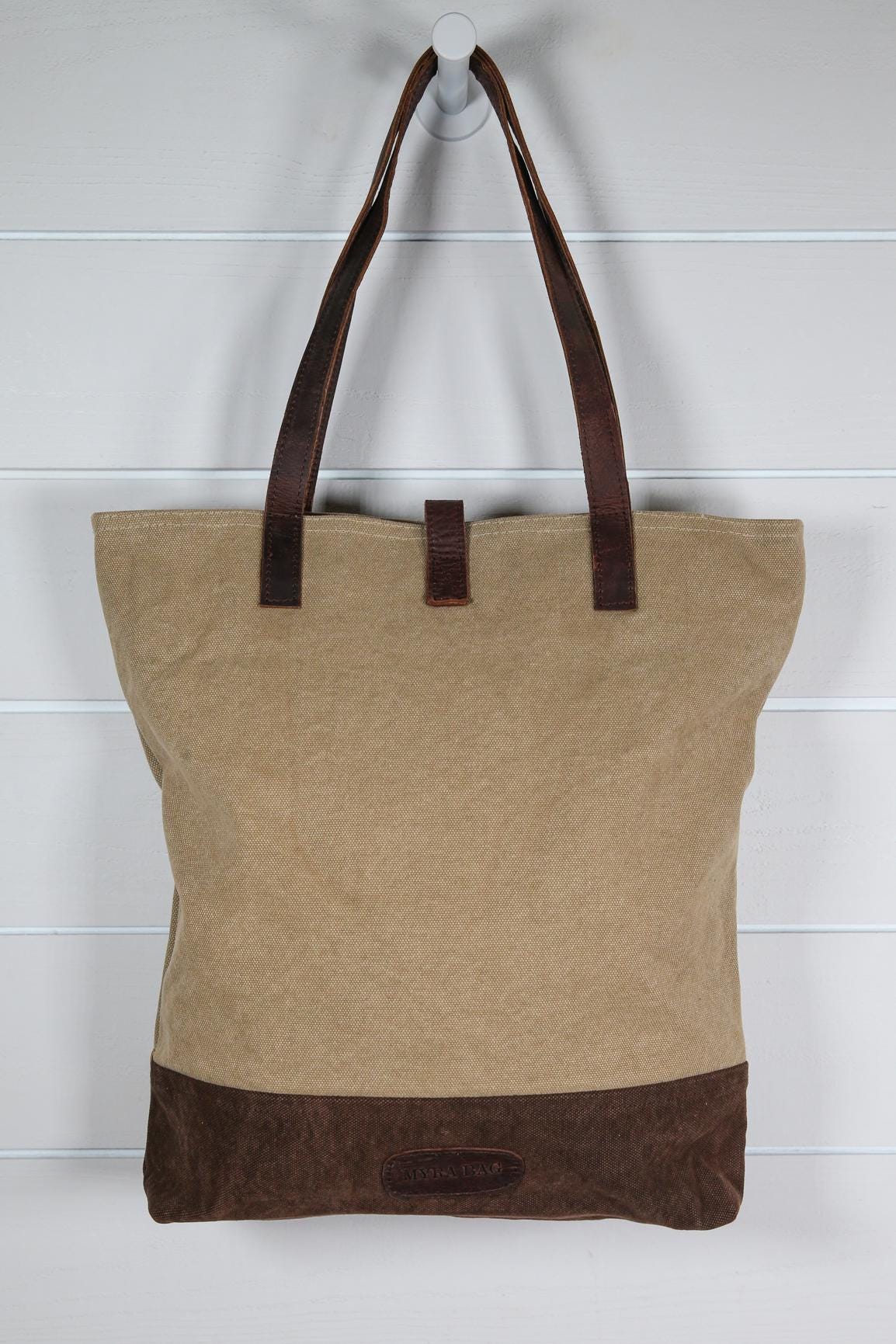 Upcycled Canvas Tote Bag with Brown Leather Shoulder Straps Vintage French Inspired