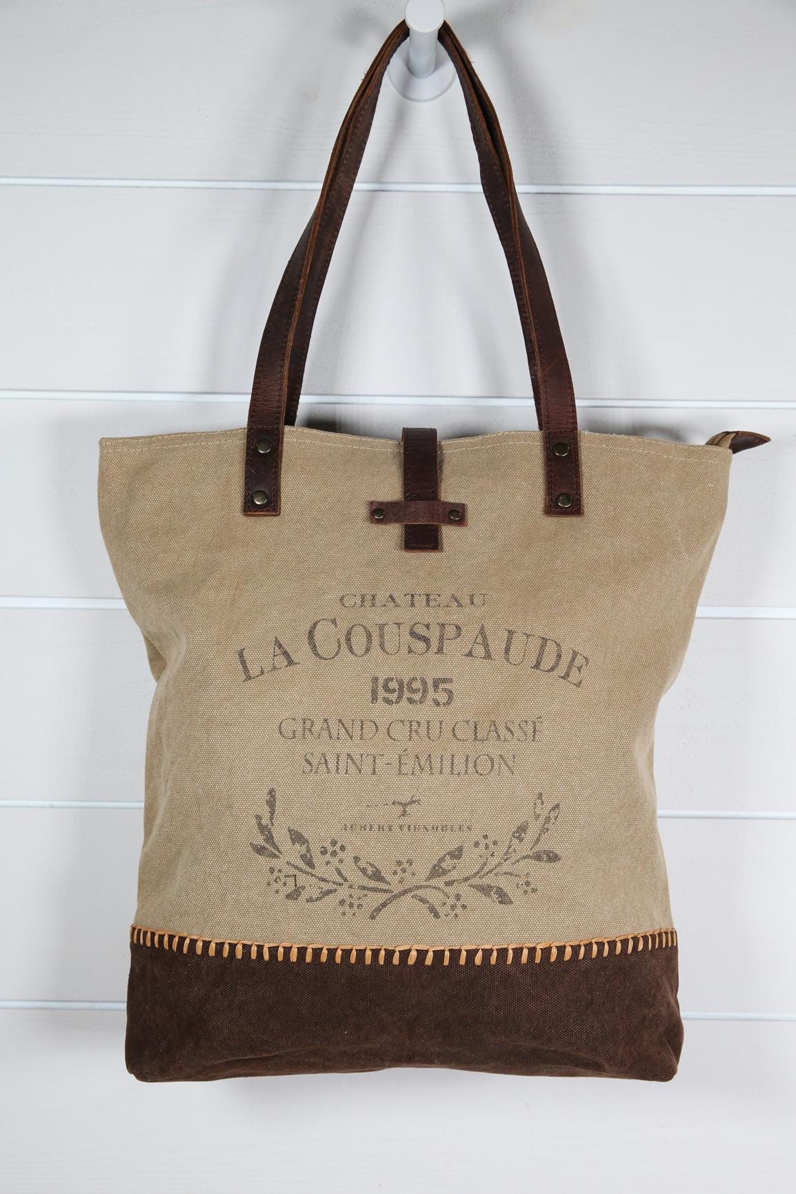 Upcycled Canvas Tote Bag with Brown Leather Shoulder Straps Vintage French Inspired