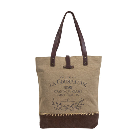 Upcycled Canvas Tote Bag with Brown Leather Shoulder Straps Vintage French Inspired