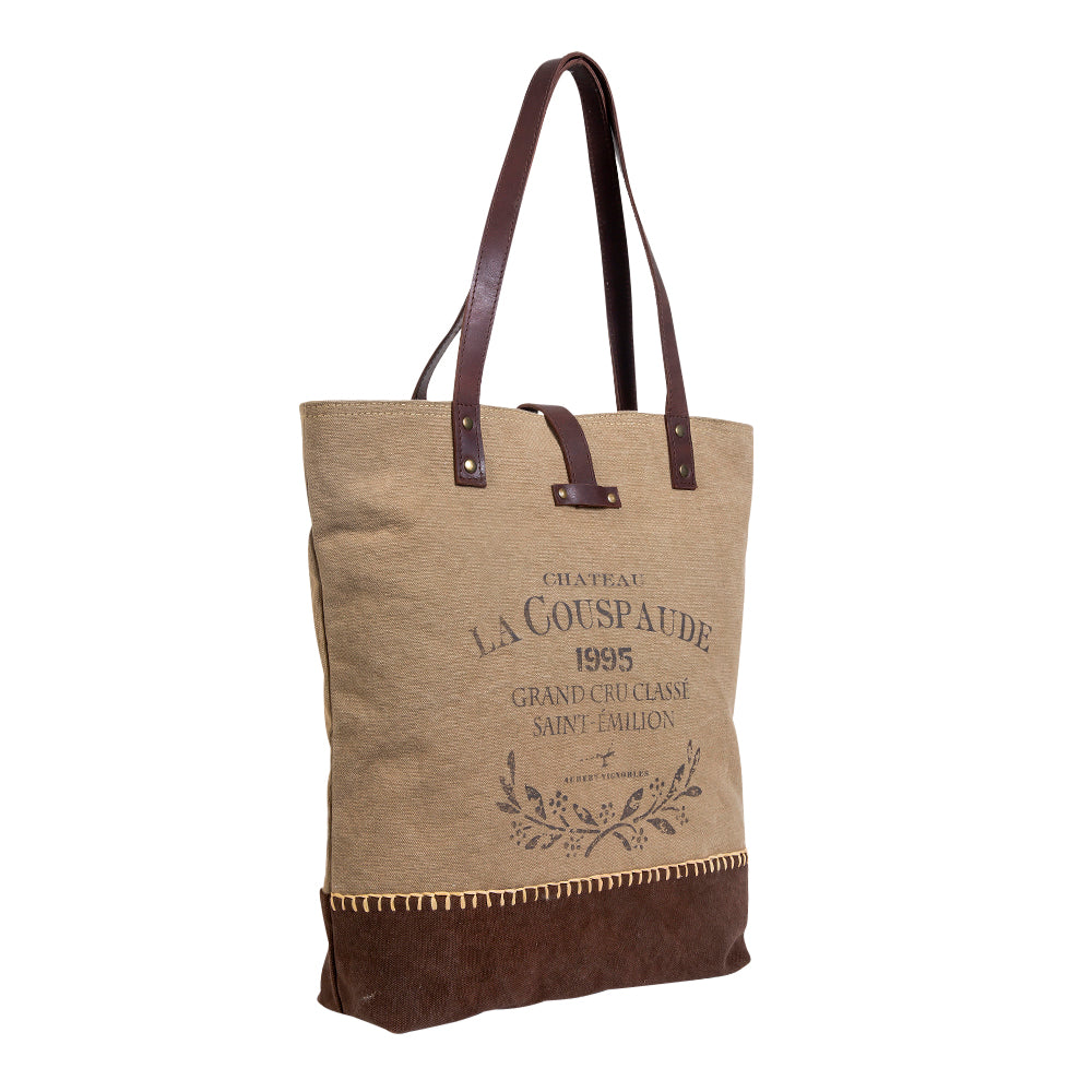 Upcycled Canvas Tote Bag with Brown Leather Shoulder Straps Vintage French Inspired