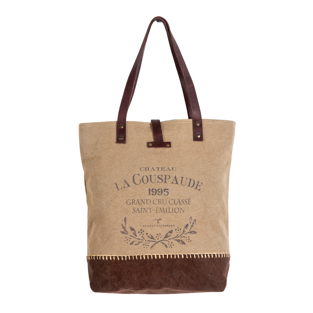 Upcycled Canvas Tote Bag with Brown Leather Shoulder Straps Vintage French Inspired