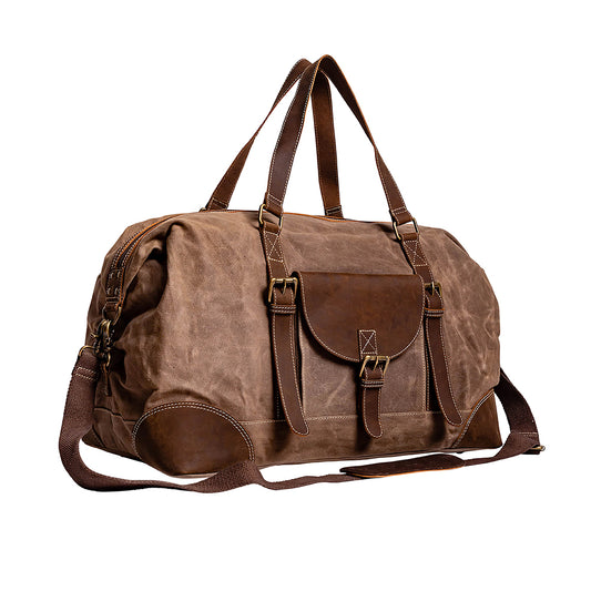 Duffle Weekender Bag: Durable Brown Canvas Leather Shoulder Straps and Crossbody Strap Rustic LUXE Travel Style
