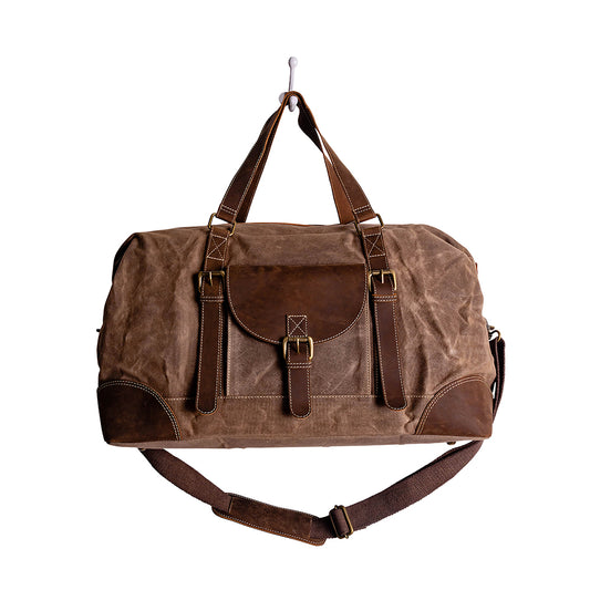 Duffle Weekender Bag: Durable Brown Canvas Leather Shoulder Straps and Crossbody Strap Rustic LUXE Travel Style